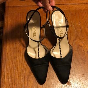 CHANEL Black Satin and Rhinestone heels sz 40